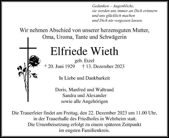 Traueranzeige von Elfriede Wieth von Usinger Anzeiger
