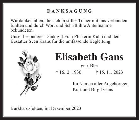 Traueranzeige von Elisabeth Gans von Giessener Allgemeine, Alsfelder Allgemeine