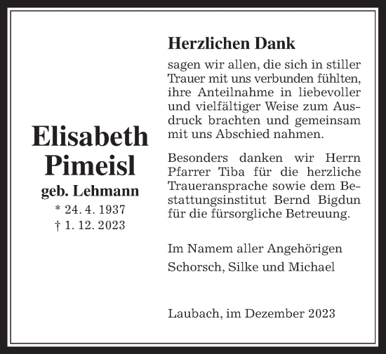 Traueranzeige von Elisabeth Pimeisl von Laubacher Anzeiger