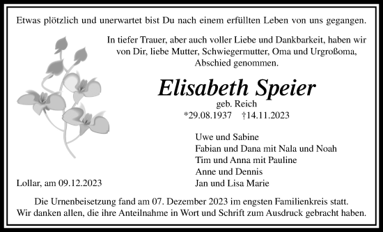 Traueranzeige von Elisabeth Speier von Giessener Anzeiger, Giessener Allgemeine, Alsfelder Allgemeine