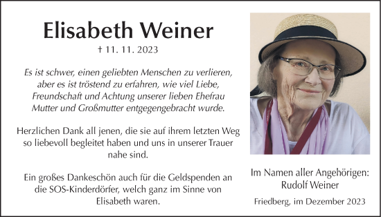 Traueranzeige von Elisabeth Weiner von Wetterauer Zeitung