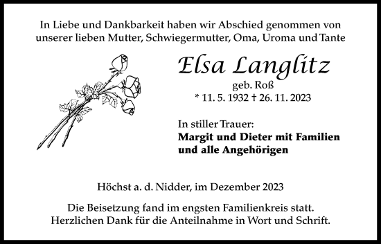 Traueranzeige von Elsa Langlitz von Kreis-Anzeiger