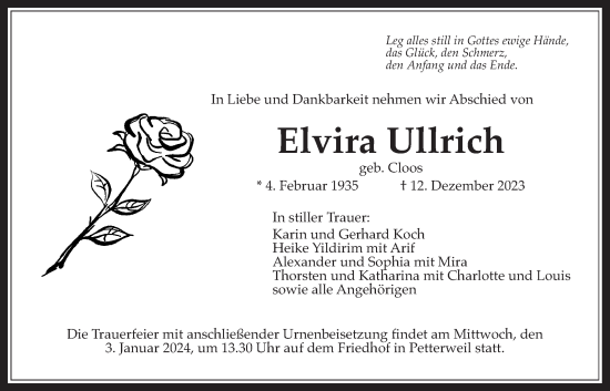 Traueranzeige von Elvira Ullrich von Bad Vilbel/Karben