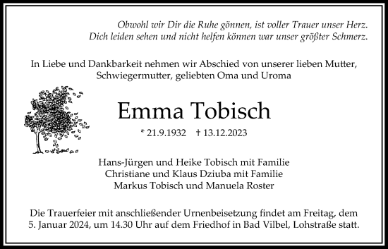 Traueranzeige von Emma Tobisch von Bad Vilbel/Karben