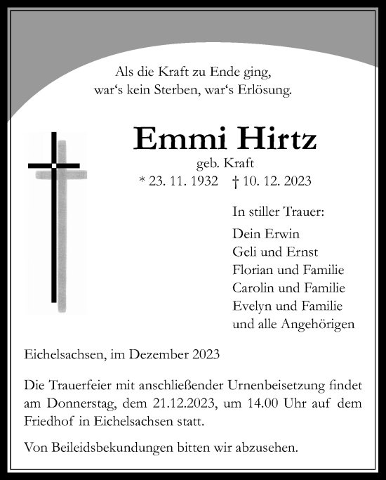 Traueranzeige von Emmi Hirtz von Kreis-Anzeiger