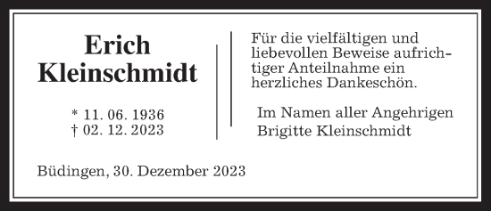 Traueranzeige von Erich Kleinschmidt von Kreis-Anzeiger