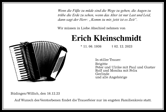 Traueranzeige von Erich Kleinschmidt von Kreis-Anzeiger