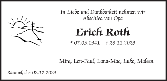 Traueranzeige von Erich Roth von Kreis-Anzeiger