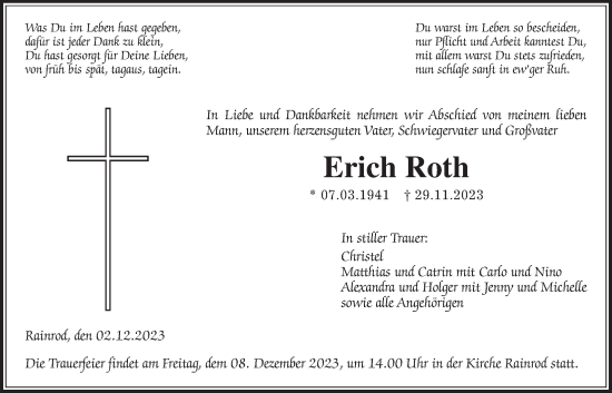 Traueranzeige von Erich Roth von Kreis-Anzeiger