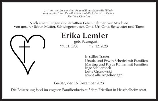 Traueranzeige von Erika Lemler von Giessener Allgemeine, Alsfelder Allgemeine