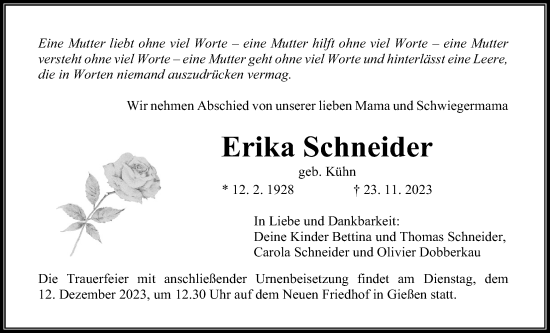 Traueranzeige von Erika Schneider von Giessener Allgemeine, Alsfelder Allgemeine