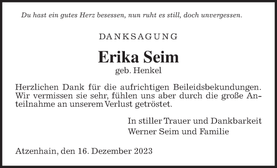 Traueranzeige von Erika Seim von Giessener Allgemeine, Alsfelder Allgemeine