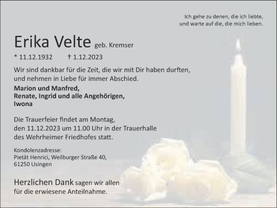Traueranzeige von Erika Velte von Usinger Anzeiger