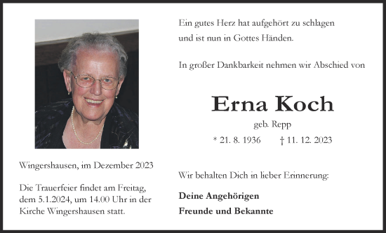 Traueranzeige von Erna Koch von Kreis-Anzeiger