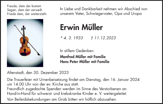 Traueranzeige von Erwin Müller von Wetterauer Zeitung, Kreis-Anzeiger