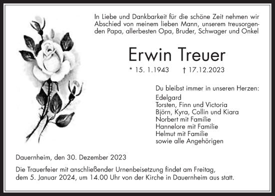 Traueranzeige von Erwin Treuer von Kreis-Anzeiger