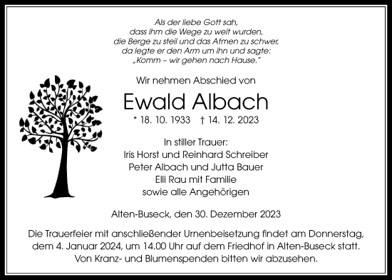 Traueranzeige von Ewald Albach von Giessener Allgemeine, Alsfelder Allgemeine, Giessener Anzeiger