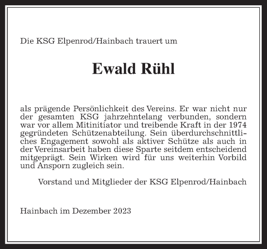 Traueranzeige von Ewald Rühl von Alsfelder Allgemeine