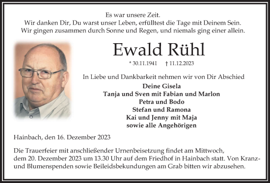 Traueranzeige von Ewald Rühl von Alsfelder Allgemeine