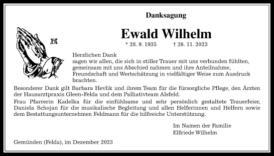 Traueranzeige von Ewald Wilhelm von Giessener Allgemeine, Alsfelder Allgemeine