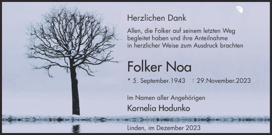 Traueranzeige von Folker Noa von Giessener Allgemeine, Alsfelder Allgemeine, Giessener Anzeiger