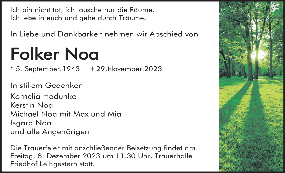  Traueranzeige für Folker Noa vom 02.12.2023 aus Giessener Anzeiger, Giessener Allgemeine, Alsfelder Allgemeine