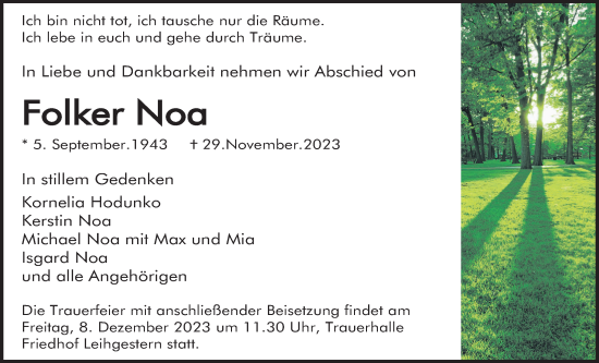 Traueranzeige von Folker Noa von Giessener Anzeiger, Giessener Allgemeine, Alsfelder Allgemeine