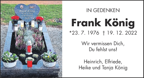 Traueranzeige von Frank König von Kreis-Anzeiger