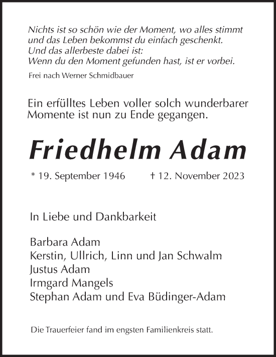 Traueranzeige von Friedhelm Adam von Wetterauer Zeitung