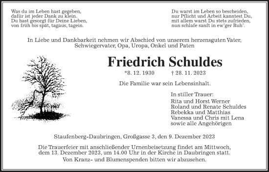 Traueranzeige von Friedrich Schuldes von Giessener Anzeiger, Giessener Allgemeine, Alsfelder Allgemeine