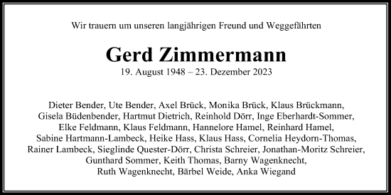 Traueranzeige von Gerd Zimmermann von Giessener Allgemeine, Alsfelder Allgemeine, Giessener Anzeiger
