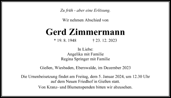 Traueranzeige von Gerd Zimmermann von Giessener Allgemeine, Alsfelder Allgemeine, Giessener Anzeiger