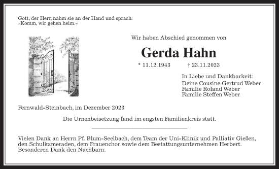 Traueranzeige von Gerda Hahn von Giessener Allgemeine, Alsfelder Allgemeine, Giessener Anzeiger