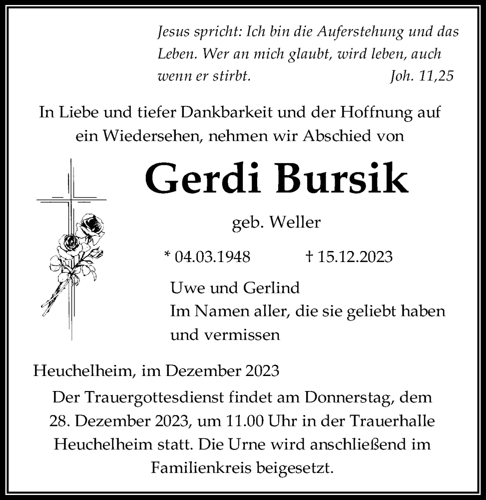  Traueranzeige für Gerdi Bursik vom 23.12.2023 aus Giessener Allgemeine, Alsfelder Allgemeine