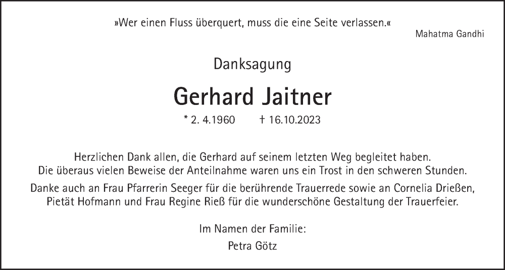  Traueranzeige für Gerhard Jaitner vom 02.12.2023 aus Wetterauer Zeitung