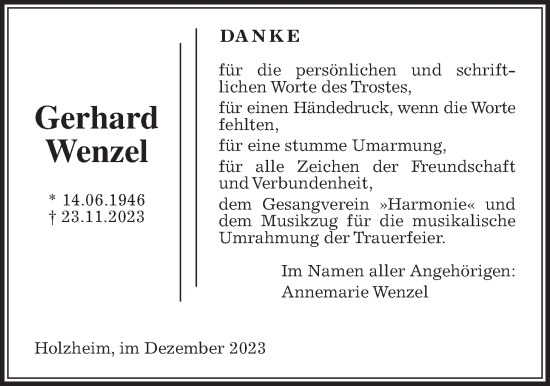 Traueranzeige von Gerhard Wenzel von Giessener Allgemeine, Alsfelder Allgemeine, Giessener Anzeiger