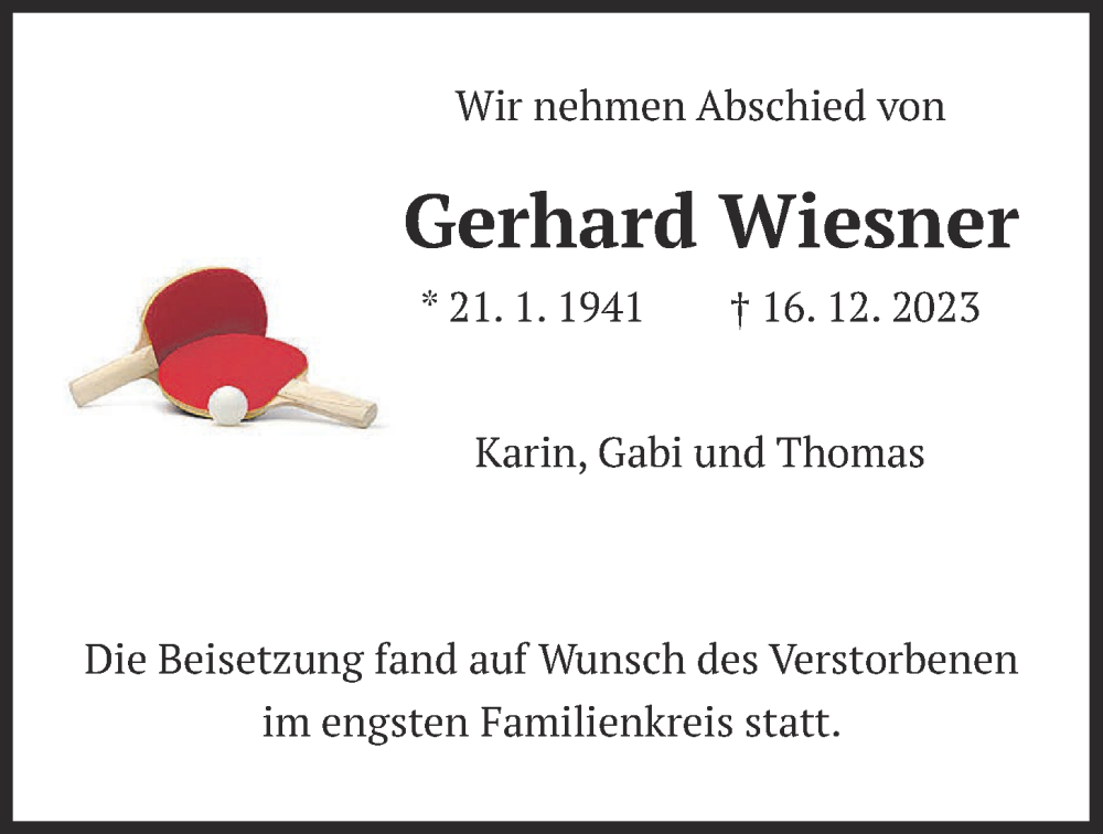  Traueranzeige für Gerhard Wiesner vom 30.12.2023 aus Usinger Anzeiger