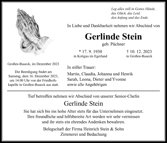 Traueranzeige von Gerlinde Stein von Alsfelder Allgemeine, Giessener Anzeiger, Giessener Allgemeine