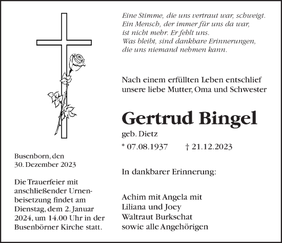Traueranzeige von Gertrud Bingel von Kreis-Anzeiger