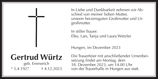 Traueranzeige von Gertrud Würtz von Licher Wochenblatt
