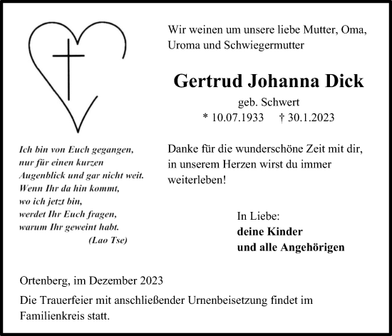 Traueranzeige von Gertrud Johanna Dick von Kreis-Anzeiger