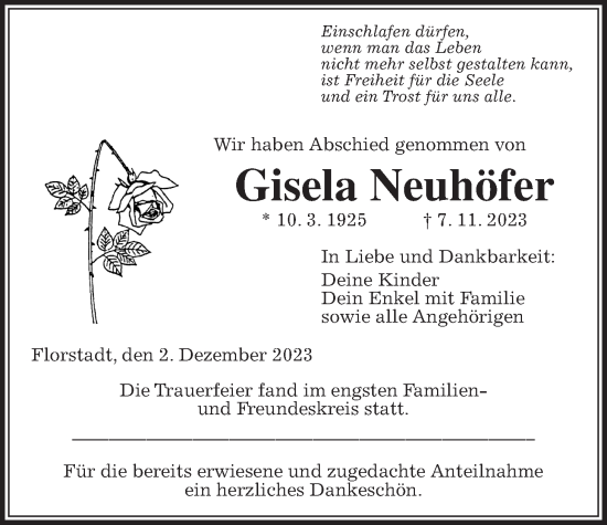 Traueranzeige von Gisela Neuhöfer von Wetterauer Zeitung