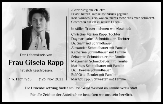 Traueranzeige von Gisela Rapp von Usinger Anzeiger