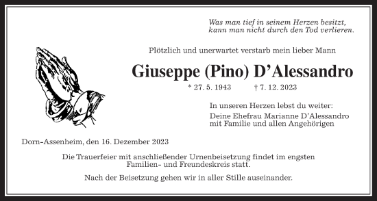 Traueranzeige von Giuseppe DAlessandro von Wetterauer Zeitung