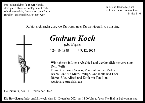 Traueranzeige von Gudrun Koch von Giessener Allgemeine, Alsfelder Allgemeine