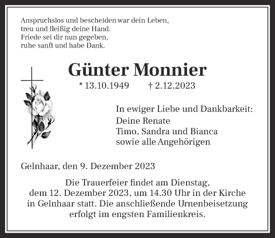 Traueranzeige von Günter Monnier von Kreis-Anzeiger