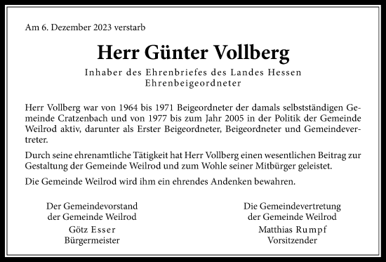 Traueranzeige von Günter Vollberg von Usinger Anzeiger