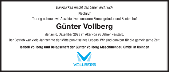 Traueranzeige von Günter Vollberg von Usinger Anzeiger