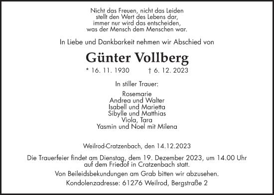 Traueranzeige von Günter Vollberg von Usinger Anzeiger