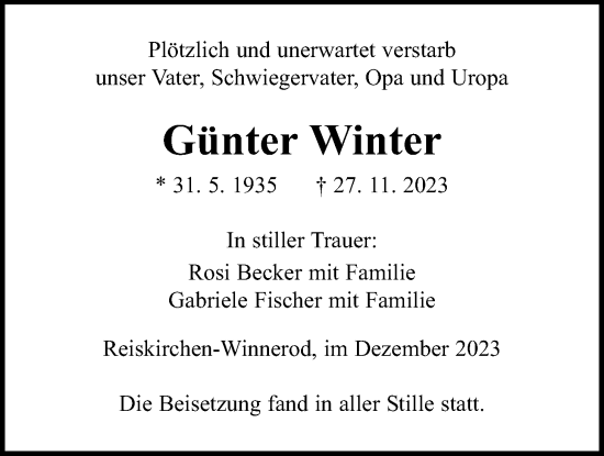 Traueranzeige von Günter Winter von Reiskirchener Anzeiger